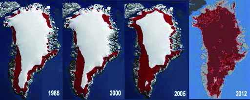 Schmelzen in Grönland zwischen 1985 und 2012. Die rot gefärbte Fläche stellt Gebiete dar, in denen zumindest an drei Tagen in der Zeit zwischen dem 1. Mai und 30. September Eisschmelzen zu beobachten war