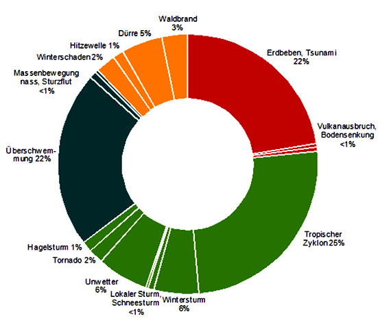 Anteile verschiedener Arten von Naturkatastrophen im Zeitraum 1980–2010 an Gesamtschäden in Werten von 2010